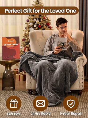 Bearhug Electric Blanket Throw Size, 50" x 60" Heated Blanket with 6 Heating Levels & 4H Auto Shut-Off, Machine Washable Soft Velvet to Sherpa Reversible Heated Throw for Office, Couch and Sofa, Gray - color: Gray-velvet & Sherpa, size: Throw 50" × 60"