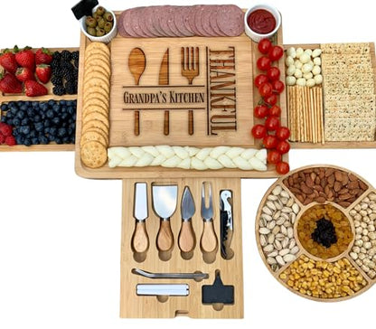 Custom Charcuterie Boards Gift Set – Large Bamboo Cheese Tray with Drawers & Utensils – Personalized Wedding, Christmas & Thanksgiving Gift - color: Design #48