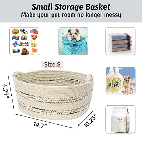 Fhiny Cotton Rope Dog Toy Basket with Handle Puppy Toys Storage Bin Small Woven Rectangle Diapers Pet Kitty Bed Perfect for Carry Pet Chew Toys Blankets Leashes Doggie Stuff - Beige S - size: B-S:14.17"×10.23" ×6.29"