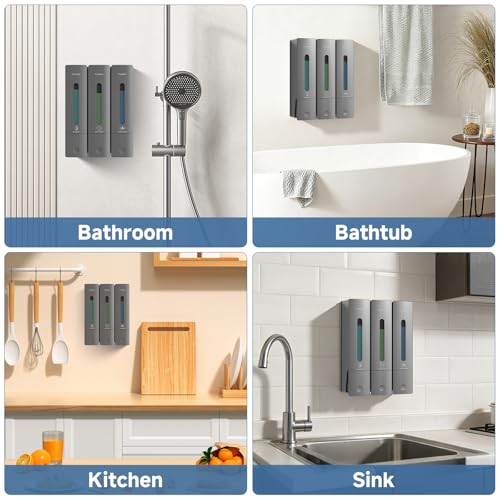 Shampoo and Conditioner Dispenser - Shower Soap Dispenser Wall Mounted No Drill - Shampoo Conditioner Body Wash Dispenser 3 Chamber - Easy Install for Bathroom Hotel Gungrey 1200ml - color: Grey 3 Chamber