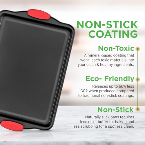 NutriChef 3‑Piece Nonstick Cookie Sheets – Carbon Steel Baking Sheet Set with Non Stick Coating & Red Silicone Handles – Oven Pans for Family Baking - size: 3-Piece Set