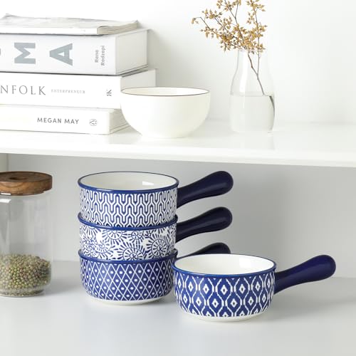 Selamica Ceramic Soup Crocks With Handles, 15 OZ French Onion Soup Bowls, Oven Safe Soup Bowls For Cereal, Stew, Chilli, Pot Pies, Baking, Microwave Dishwasher Safe, Set of 4, Vintage Blue