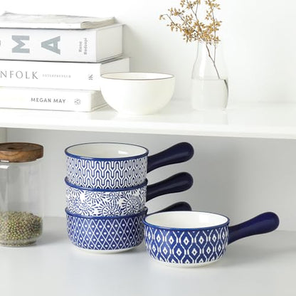 Selamica Ceramic Soup Crocks With Handles, 15 OZ French Onion Soup Bowls, Oven Safe Soup Bowls For Cereal, Stew, Chilli, Pot Pies, Baking, Microwave Dishwasher Safe, Set of 4, Vintage Blue