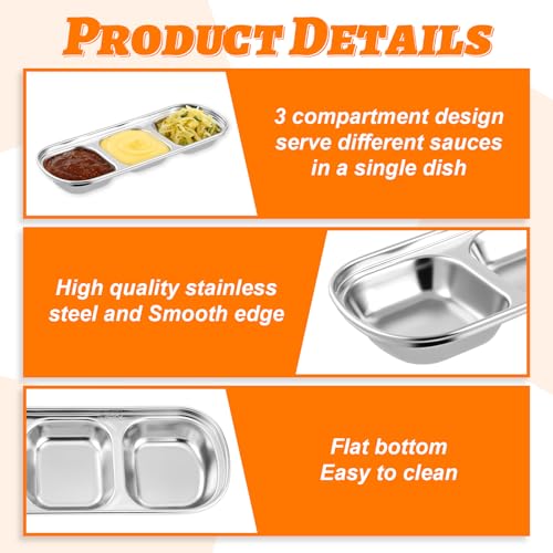 12 Packs Stainless Steel Divided Dip Bowls Soy Sauce Dishes, Divided Serving Tray Chip and Dip Serving Set, 3 Compartment Sauce Plate Seasoning Dipping Condiment Tray for BBQ Vinegar Spice Sugar