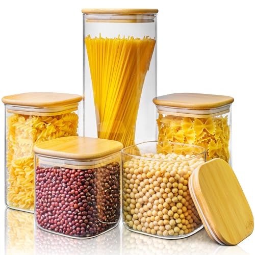 Square Glass Storage Containers with Bamboo Lids, 5 Pack - 80oz/42oz/27oz | Pantry Jars for Flour, Sugar, Pasta & Spices, 3mm Borosilicate Glass Canisters Keep Food Dry & Fresh, Easy to Fill & Clean - color: Multi Size 5 Pack