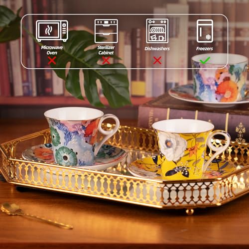 KAMMAK Tea Cups and Saucers Set of 2, 5.7 oz Porcelain Coffee Cups, 567N | Stackable Espresso Mugs, Ceramic Demitasse for Coffee, Cappuccino, Latte, Americano, Tea - size: 7KPSP567N+568N