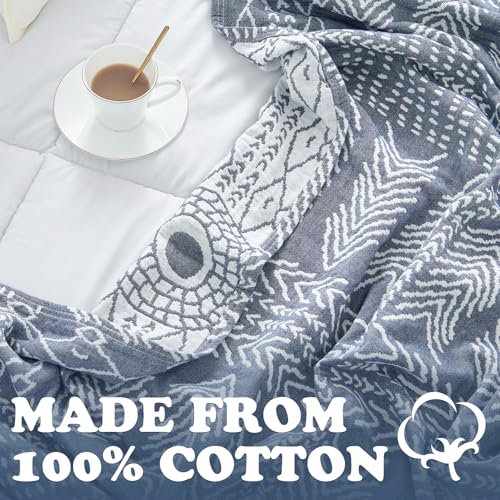 jinchan 100% Cotton Muslin Blanket Twin Boho Throw Blanket 60x80 Blue Gray | 3-Layer, Tribal Geometric Quilt, Cooling Breathable Lightweight, for Adult, Soft, Reversible, Couch, Sofa, Bedroom, Coverlet - color: A. Boho Blue, size: 60"x80"