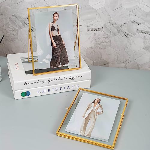 Gold Picture Floating Frame, Set of 2 Pressed Glass Floating Frames, 6 x 8 Standing Gold Picture Frame for 5x7, 4x6, 3x5 Photo Tabletop Display - color: Gold, size: 6x8 inch