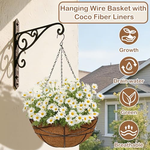 2 Pack 14 inch Metal Hanging Baskets for Plants Outdoor Metal Wire Hanging Basket Planter with Coco Fiber Liners Flower Pots for Home Porch Garden Patio, Diamond-Shaped - size: 14" x 2 Pack, style: Diamond