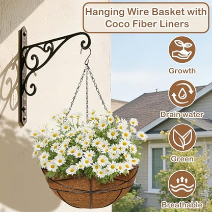 2 Pack 14 inch Metal Hanging Baskets for Plants Outdoor Metal Wire Hanging Basket Planter with Coco Fiber Liners Flower Pots for Home Porch Garden Patio, Diamond-Shaped - size: 14" x 2 Pack, style: Diamond
