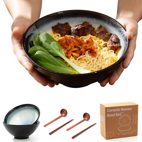 8 Inch Ceramic Ramen Bowl Set of 2, 40oz Japanese Bowls with Spoons & Chopsticks,Durable,Microwave & Dishwasher Safe,Perfect for Ramen,Pho,Salad,Soup,Noodles，Mixing bowls（Midnight） - color: Midnight