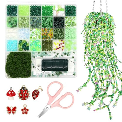 CYUXING 2746Pcs Beaded Plant Kit, Green Glass Beads for DIY Succulent Plants, Craft Beads Set with Ladybug Charm Floral Wire for Home Decor Jewelry Making, Artificial Greenery Supplies