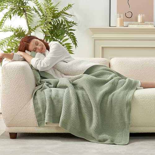 Reversible Waffle Weave Throw Blanket, Chenille Knit with Warm Sherpa, Soft Cozy Blanket for Couch, 50"x60", Sage Green - color: Waffle-sage Green