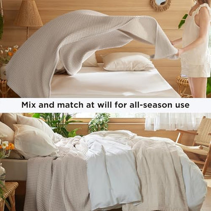 Bedsure Lightweight 100% Cotton Waffle Blanket, Throw XL, Linen | Summer, Breathable, Soft, Comfort, Light, Thin, Textured, Bed, Couch, Sofa, Chair, 50"x70", Sheet Blanket, Cozy Gifts - color: Linen, size: Throw Xl (50" X 70")
