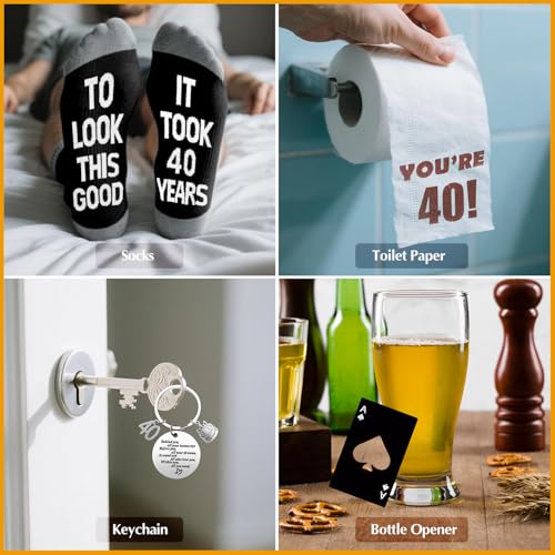 40th Birthday Gifts for Men Whiskey Glass Set, 40th Birthday Party Supplies with 11 Oz Whiskey Glass Coaster Stone Baseball Cap Apron Sock Toilet Paper Keychain for Him, Dad, Husband, Friends - style: 40th Birthday