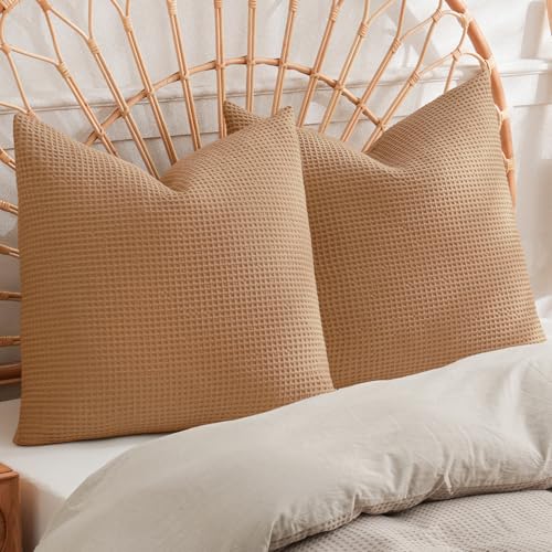 PHF 100% Cotton Waffle Weave Euro Shams 24"X24", No Filling, 2 Pack Elegant Home Decorative Euro Throw Pillow Covers for Bed Couch Sofa, Standstone - color: Standstone, size: 24" x 24" (Pack of 2)