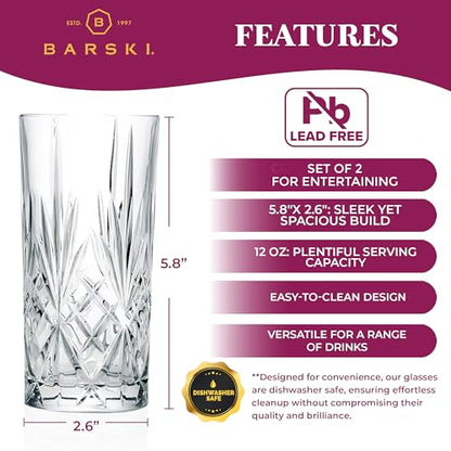 Barski Highball Glass - Drinking Glasses - Set of 2 - Hiball Tumblers - Glass Crystal Tumbler - for Water, Juice, Beer, Mixed Cocktails, Mojito Glass, Tom Collins Bar Glassware, 12 oz, Made in Europe - size: Set of 2 Highball 12 oz.