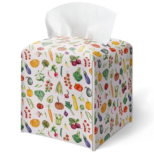 Fruit Prints Tissue Box Cover, Watercolor Vegetables Pattern Tissue Box Holder-Waterproof Leather, Desktop Home Decor for Living Room, Bathroom, Vanity, Office, Gift for Women & Friend-A21 - color: Watercolor Vegetables Pattern