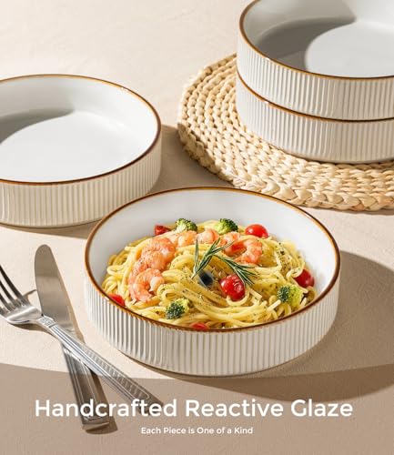 GBhome 7.5 Inch Pasta Bowls Set of 4, Ceramic Salad Bowls, Warm White | Double Reactive Glaze Bowls for Pasta, Noodles & Fruit, Scratch Resistant, Microwave & Dishwasher Safe - color: Warm White, size: Set of 4