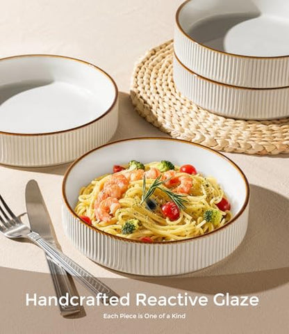 GBhome 7.5 Inch Pasta Bowls Set of 4, Ceramic Salad Bowls, Warm White | Double Reactive Glaze Bowls for Pasta, Noodles & Fruit, Scratch Resistant, Microwave & Dishwasher Safe - color: Warm White, size: Set of 4