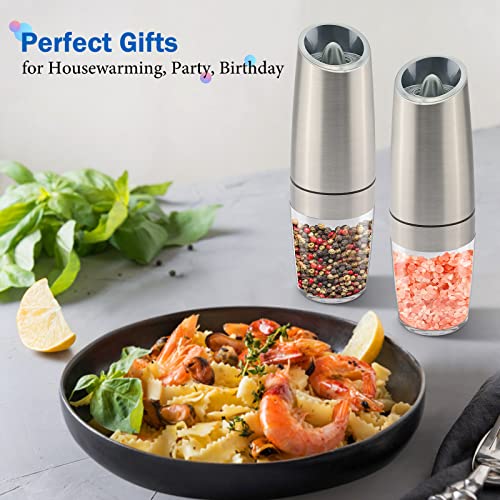 Gravity Electric Salt and Pepper Grinder Set, Battery Powered LED Light One Hand Automatic Operation, Adjustable Coarseness Mill Grinders Shakers Black (G.Silver 1p)