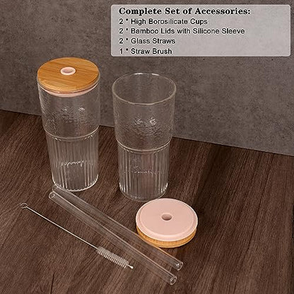 ANOTION 2Pcs 22 oz Iced Coffee Cups Drinking Glasses Iced Coffee Cup | Reusable Smoothie Cup Glass Tumbler Water Glasses Ribbed Glassware - color: Pink Lids