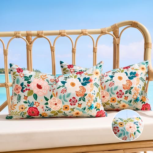 Decorative Outdoor Lumbar Pillow Covers Floral Waterproof Throw Pillow Covers Green Accent Couch Covers Garden Farmhouse Cushion Cases 12x20 Inch Set of 2 for Summer Patio Tent Balcony Furniture Sofa - color: Green, size: 20" x 12" (Pack of 2)