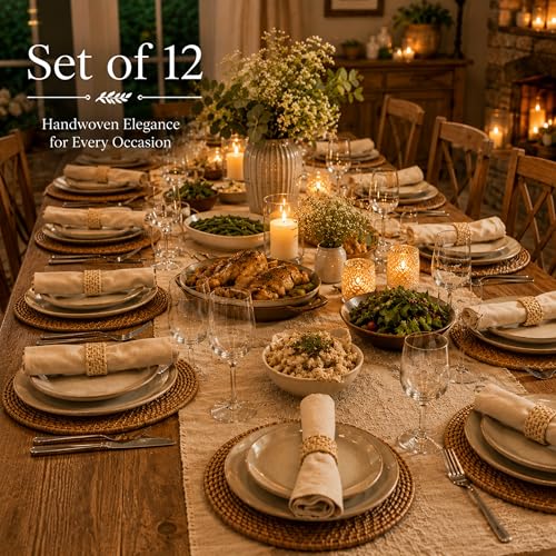 Alpha Living Home Rattan Napkin Rings, Natural, Set of 12 | Handwoven natural cane, 2 in. W x 1.25 in. H, fits cloth napkins, rustic boho style, reusable, weddings & everyday dining - color: Camel Brown, size: 12- Pack