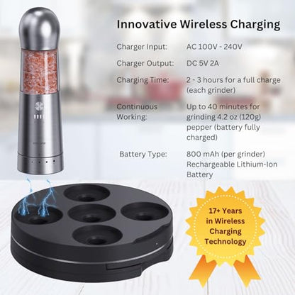 COSPRO Electric Salt & Pepper Grinder Set of 5 | Wireless Charging | Rechargeable | Stainless Steel | One-Hand Use | Adjustable Coarseness | Easy Clean | Himalayan Salt & Spices - size: Set of 5