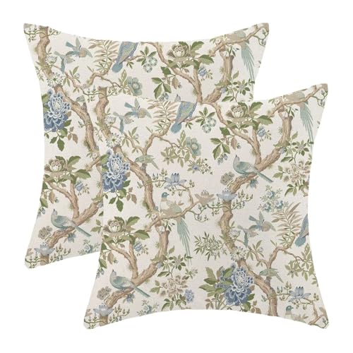 AEIOAE Sage Green Blue Floral Pillow Covers 16 x 16 Inch Set of 2, Spring Vintage Chinoiserie Flower Decorative Throw Pillow Covers Outdoor Linen Farmhouse Decor Pillowcase for Home Sofa - color: Sage Green Blue, size: 16" x 16" (Pack of 1)