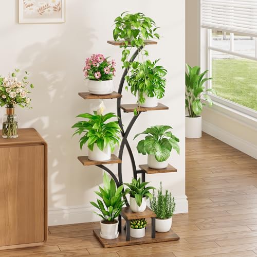 MJOMKN 47" Corner Plant Stand Indoor with Grow Lights, 7 Tiered | Metal Flower Display Holder, Flower-Shaped Plant Rack, For Multiple Plants, For Living Room, Patio