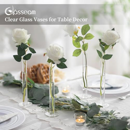 Glasseam Glass Bud Vase for Centerpieces, 16Pcs Clear Small Flower Vase Set | For Single Rose, 7.87" Tall, Skinny Cylinder, Modern, Table Decorations for Living Room, Kitchen, Wedding, Party, Baby Shower