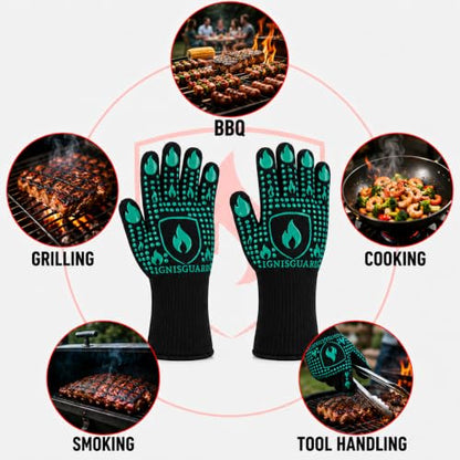 IGNISGUARD® BBQ Gloves, Heat Resistant Grill Gloves, 1 Pair, Green (M) | EN407:2020 tested with textured silicone grip, three-layer construction and long knit cuff for added wrist coverage. - color: Green, size: Medium