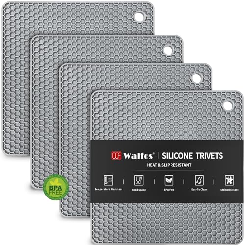 Walfos Silicone Trivet Mats - 4 Heat Resistant Pot Holders, Multipurpose Non-Slip Hot Pads for Kitchen Potholders, Hot Dishers, Jar Opener, Spoon Holder, Food Grade Silicone & BPA Free (Square) - style: 7in, 4 Grey Square