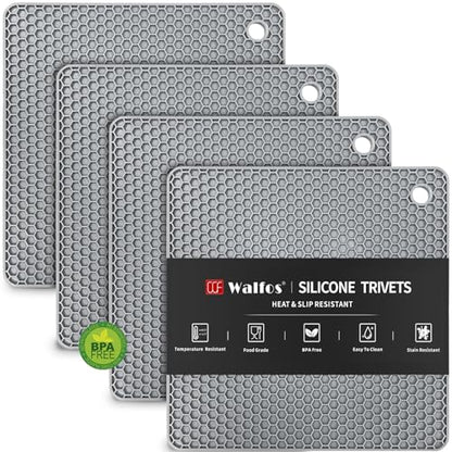 Walfos Silicone Trivet Mats - 4 Heat Resistant Pot Holders, Multipurpose Non-Slip Hot Pads for Kitchen Potholders, Hot Dishers, Jar Opener, Spoon Holder, Food Grade Silicone & BPA Free (Square) - style: 7in, 4 Grey Square