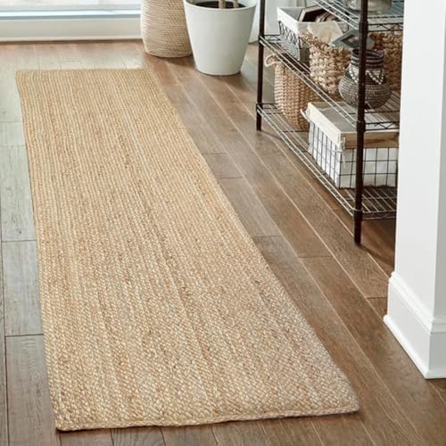 Hand Woven Natural Jute Braided Rug – 2x8 Rectangula | Rustic Boho Farmhouse Style | Solid Natural Fiber Rug for Hallway, Entryway, Kitchen, Bedroom, Dining Room, Study, Office - size: 2' x 8' (Rectangular)