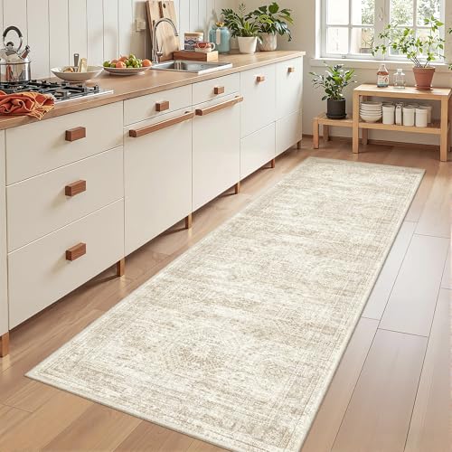 2'6 x 8' Runner Rug Non Slip,Washable Kitchen Rugs,Beige | Neutral Rugs for Kitchen,Entryway,Bedroom,Bathroom,Nursery Room,Thin,Soft Runner Rug,Stain Resistant Indoor Carpet - color: Beige/Ivory, size: 2'6" x 8' (Runner)