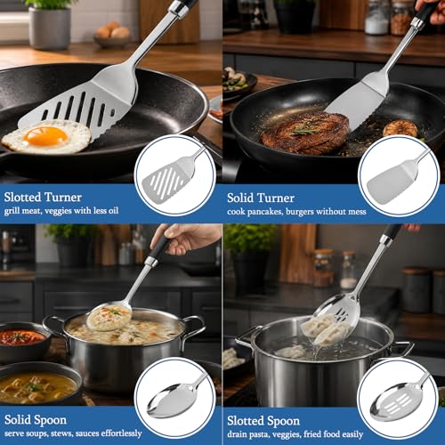 4PCS Stainless Steel Cooking Spatula Spoon Set, Metal Cooking Utensils Set with Anti-Scald Handle, Heat Resistant Kitchen Utensils Set with Turners, Serving Spoon, Ladle, Skimmer, Pasta Server