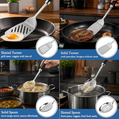 4PCS Stainless Steel Cooking Spatula Spoon Set, Metal Cooking Utensils Set with Anti-Scald Handle, Heat Resistant Kitchen Utensils Set with Turners, Serving Spoon, Ladle, Skimmer, Pasta Server