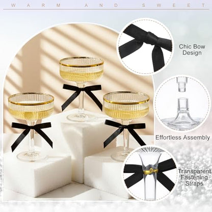 Set of 24 Plastic Champagne Coupe Glasses with Bow 7 oz Gold Champagne Tower Set Stackable Acrylic Ribbed Martini Glasses Cocktail Coupe Cup for Wedding Birthday Party Bar(Bowknot,Black) - color: Black, style: Bowknot