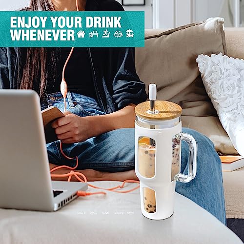 WINSA Glass Tumbler with Lid and Straw, 46 oz, White | Iced Coffee Cup with Handle, Large Water Bottle with Silicone Sleeve, Pearl Straw & Drinking Straw, BPA Free - color: White, size: 46 Ounces