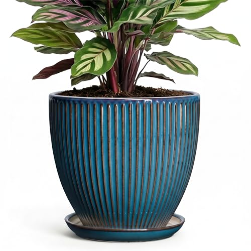 6 Inch Plant Pot, Ceramic Flower Pots for Indoor Plants, Round Planters with Drainage Hole and Saucer, Decorative Small Modern Flower Pots, Home Room Decor, House Warming Gifts, Retro Blue - size: 6 Inch, style: Retro