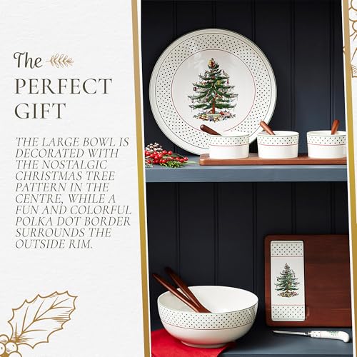 Spode Christmas Tree Polka Dot Serving Bowl & Wooden Servers - Set of 3 | Hand Painted Earthenware 10" Salad Bowl & Acacia Wood Servers for Pasta, Salads, Side Dishes & Holiday Entertaining