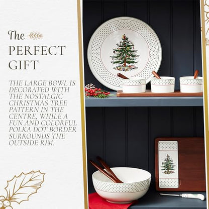 Spode Christmas Tree Polka Dot Serving Bowl & Wooden Servers - Set of 3 | Hand Painted Earthenware 10" Salad Bowl & Acacia Wood Servers for Pasta, Salads, Side Dishes & Holiday Entertaining
