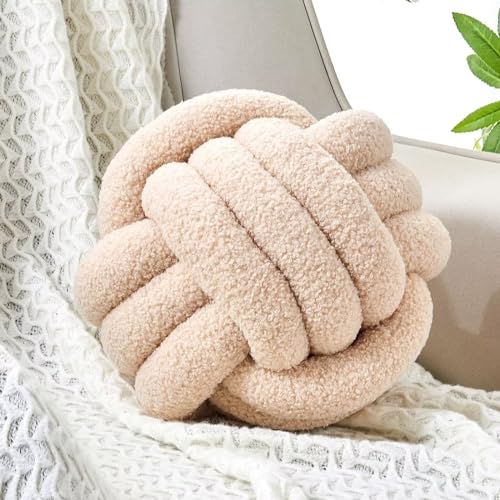 Uvvyui Knot Pillow Ball, Soft Home Decorative Pillows, Round Throw Pillow, Handmade Knotted Plush Pillow, Round Boucle Pillow Cushion (14 Inches Beige) - color: Beige, size: Large (Pack of 1)