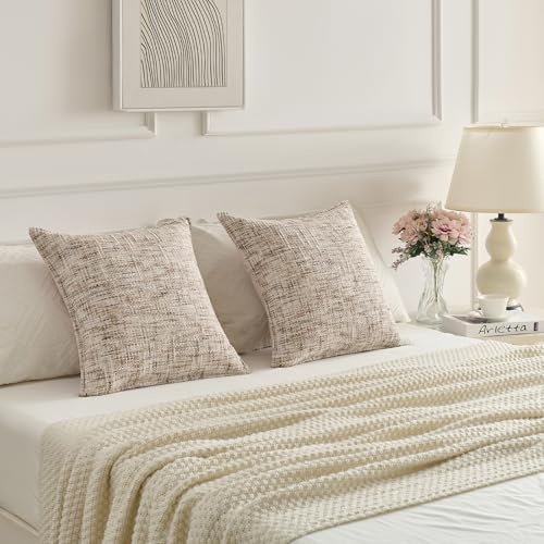 FUTEI Pack of 2 Tweed Chenille Throw Pillow Covers 18x18 Inch, Beige Brown | Premium Chenille Front/ Smooth Velvet Back,Hidden Zipper,Machine Washable,Pilling-Resistant,Colorfast, Insert Not Included. - color: Beige Brown, size: 18" x 18" (Pack of 2)