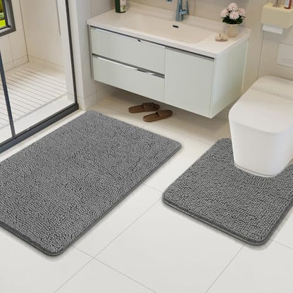 Bathroom Rug Sets 2 Piece, 20"x20" U-Shaped & 21"×34", Grey | Toilet Mat Non Slip Bath Mats Floor Set, Washable Bath Rug Set, Absorbent Soft Bathroom Rug - color: Grey