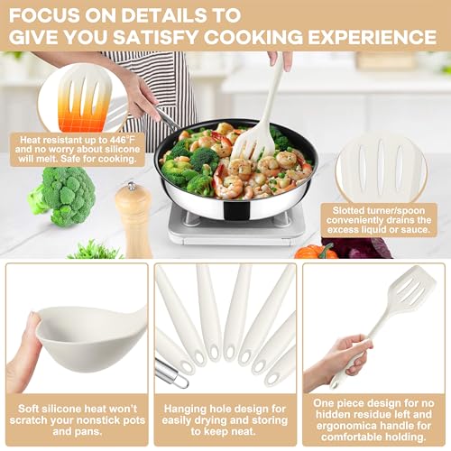 TeamFar Silicone Cooking Utensils Set, 8 PCS Kitchen Utensils Set, White | 446°F Heat Resistant Turner, Spatula, Spoon, Whisk, Kitchen Cooking Gadgets Tools, for Nonstick Cookware, Dishwasher Safe - color: White