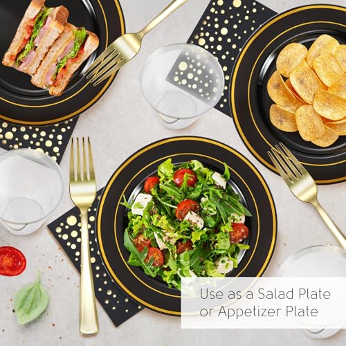 Black and Gold Dessert Plates Set, 100 Plates, Cups, Forks and Napkins | Sturdy plastic, cake service, appetizer tables, salad course, weddings, graduations, easy cleanup - color: Black, style: Plates,Forks,Napkins and Cups