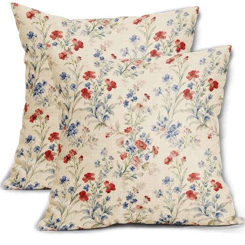 Red Blue Patriotic Floral Pillow Covers 16x16 Inch Set of 2, 4th of July Vintage Flower Decorative Throw Pillow Cases Memorial Independence Day Cushion Covers Outdoor Farmhouse Sofa Couch Decor - color: Blue Red Cream, size: 16" x 16" (Pack of 2)